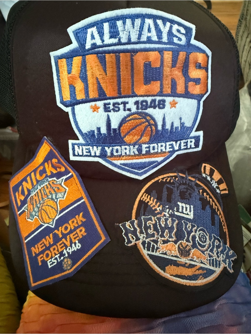 Knicks Patch Baseball Cap - Black with Navy/Orange